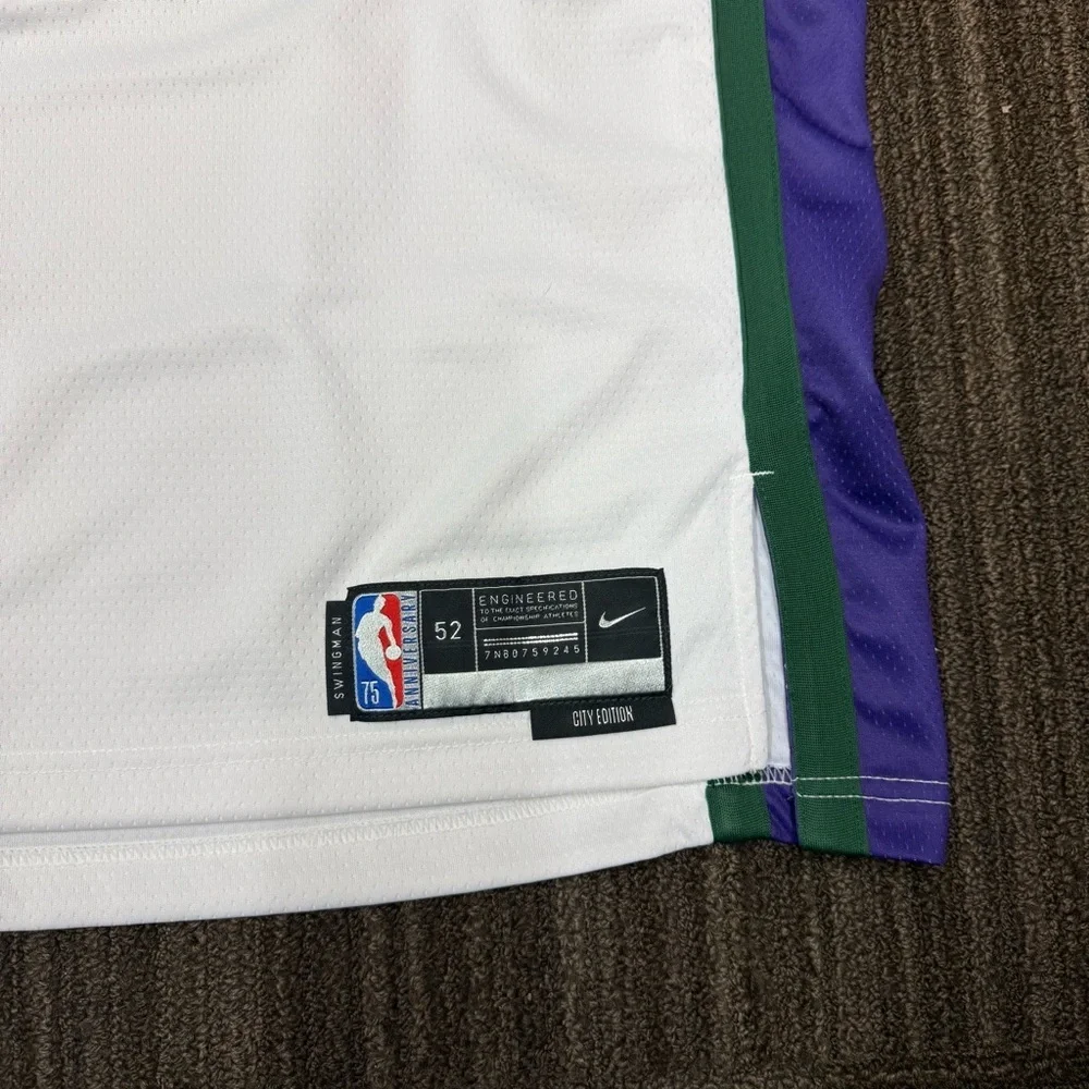 Nike White Basketball Jersey with Green and Purple Bucks Dri Fit - Picture 5 of 7